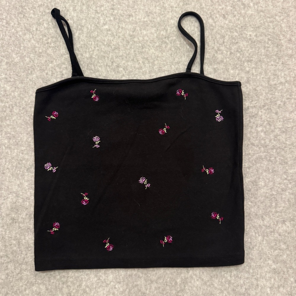 Y2K Express World Brand Black Floral Rose Embroidered Cami Spaghetti Strap Top S